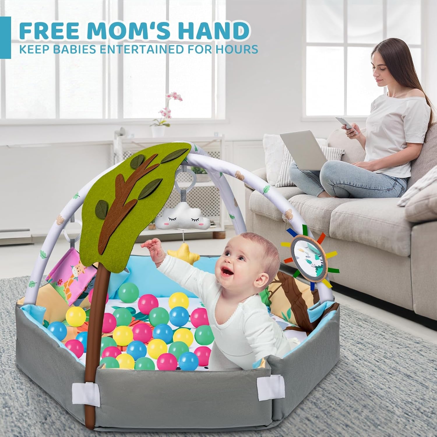 Baby Gym Play Mat, 8-In-1 Tummy Time Mat & Ball Pit with 6 Toys, Washable Baby Activity Play Mat for Visual, Hearing, Sensory, Motor Development, Baby Toys Gift for Toddler Infant 0-3-6-9-12 Month