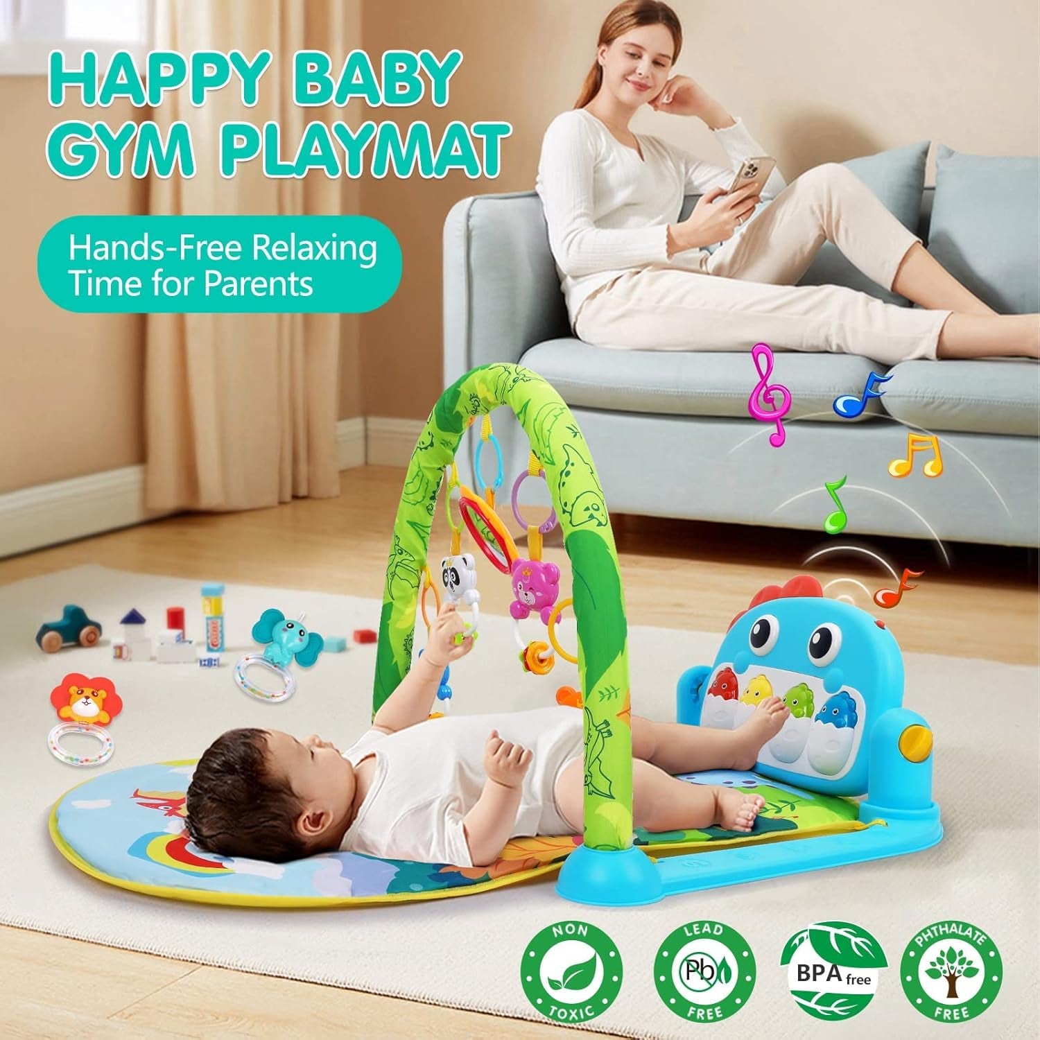 Baby Gym Play Mats Baby Tummy Time Mat Musical Activity Center for Newborn Infant Piano Babies Play Mat Music & Light Newborn Infant Gifts for Babies 0-3 6 9 12 Months Dinosaur Style