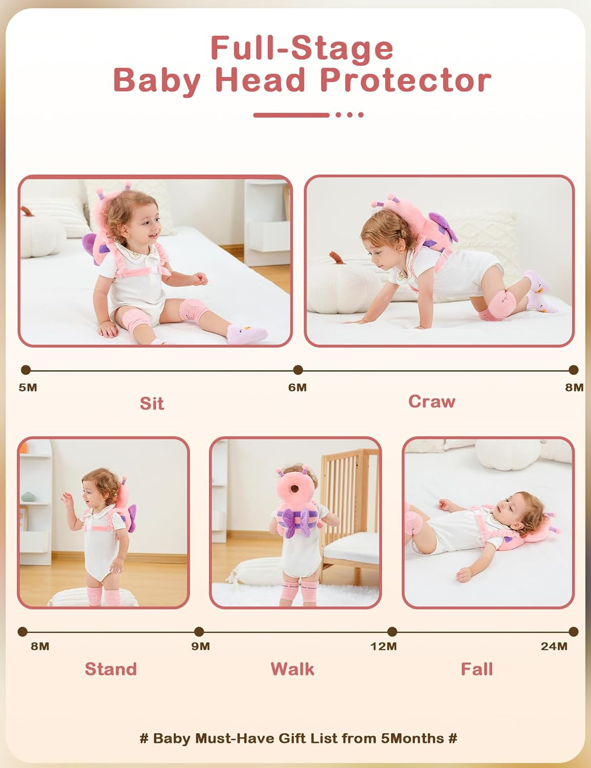 Baby Head Protector Backpack, Toddler Walking Fall Head Protection, Pink Butterfly