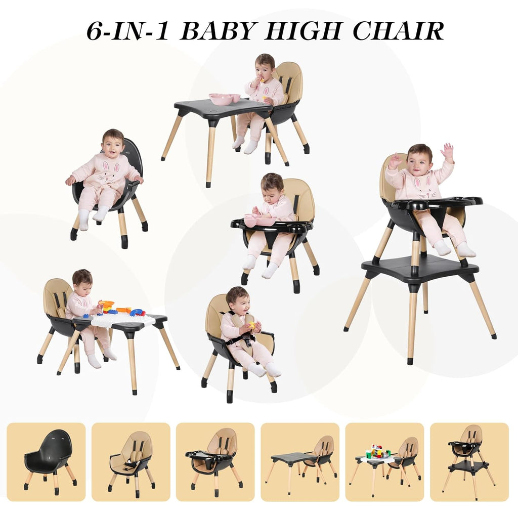 6 in 1 High Chair for Babies & Toddlers, Convertible Wooden Baby Highchair, Table and Chair Set, Baby Feeding Chair, 5-Point Adjustable Harness/4-Position Removable Tray& PU Seat Cushion (Black)
