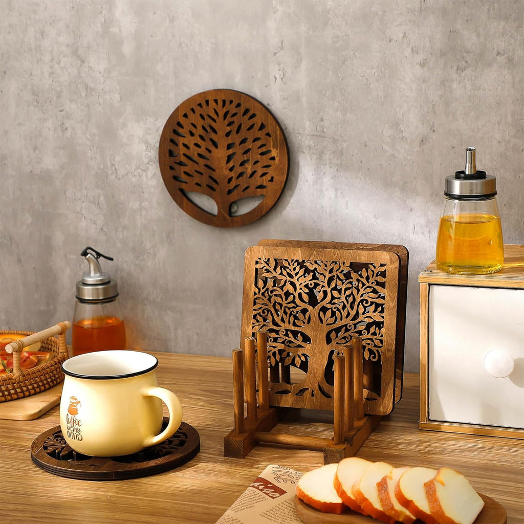 5 Pcs Tree Wooden Trivets Set for Hot Dishes Heat Resistant Pads Square Round