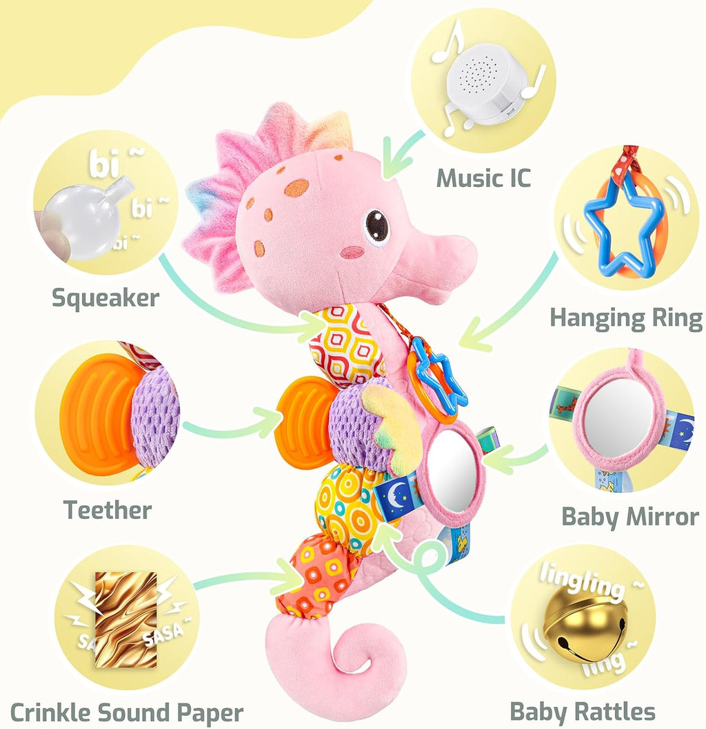 Baby Toys Musical Seahorse Stuffed Animals Infant Toys 0-6-12 Months with Mirror|Rattles|Crinkle|Baby Teething Toys,Sensory Toys for Tummy Time Newborn Boys Girls Birthday Gifts(Rose Pink)