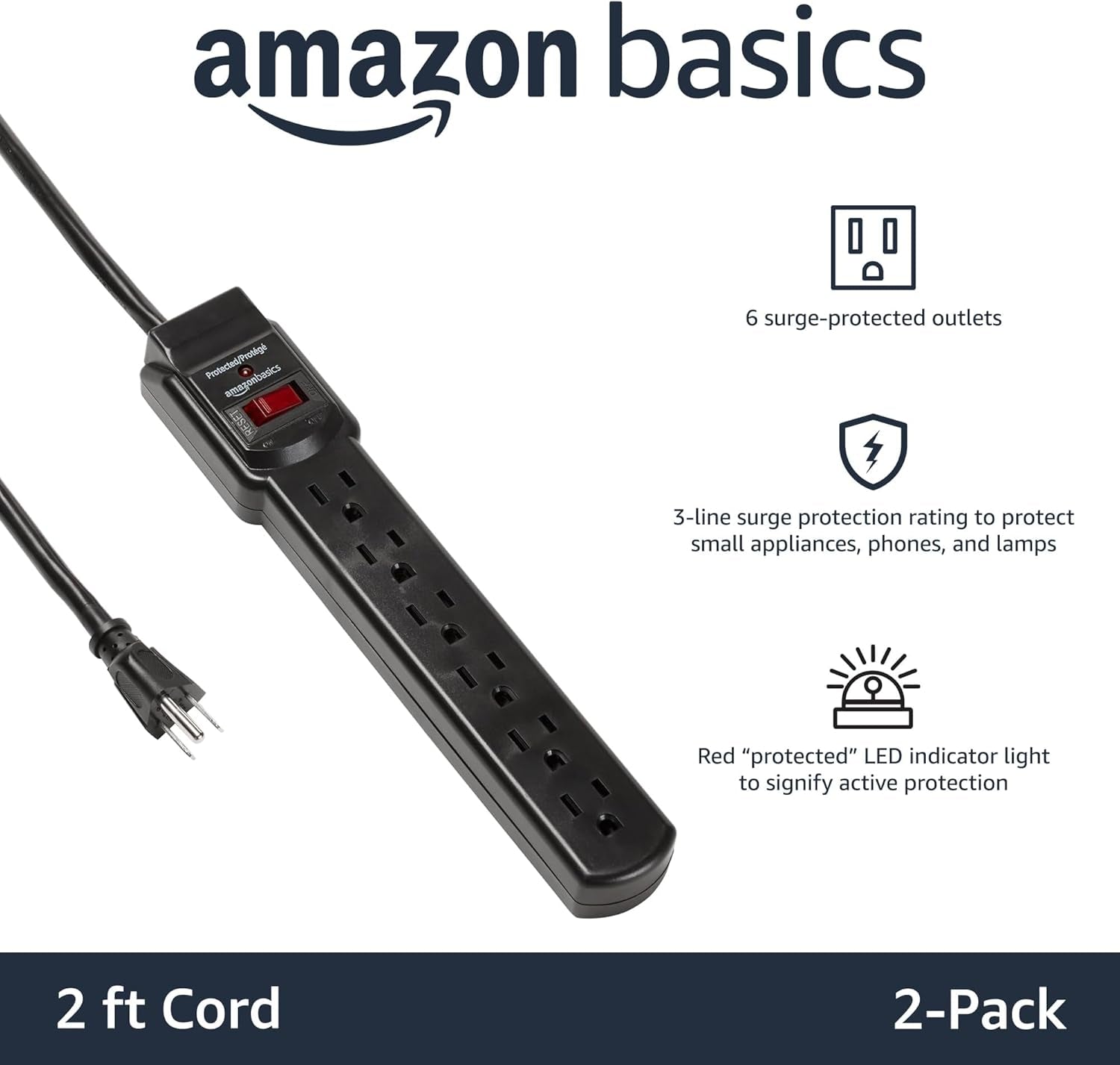 6-Outlet Surge Protector – 2-Pack with 2Ft Cord