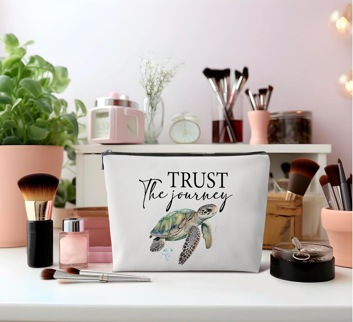 Sea Turtle Gifts for Women Girls,Makeup Bag Gifts Forsummer Beach Turtle Lovers,Trust the Journey Beach Leather Travel Makeup Pouch,Travel Organizer Pouch Small Makeup Bag for Purse