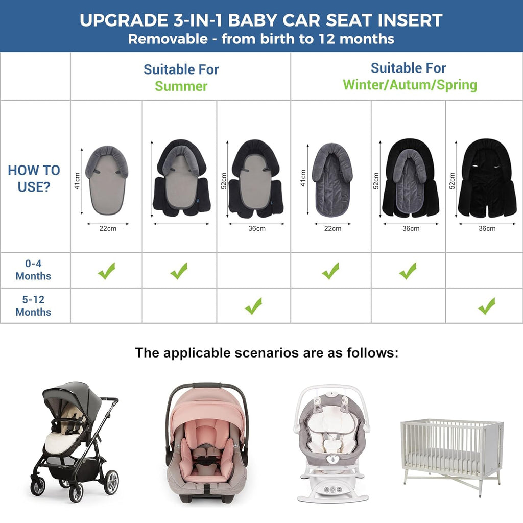 Upgraded 3-In-1 Babybody Support for Newborn Infant Toddler - Extra Soft Car Seat Insert Cushion Pad, Perfect for Carseats, Strollers, Swings, Black