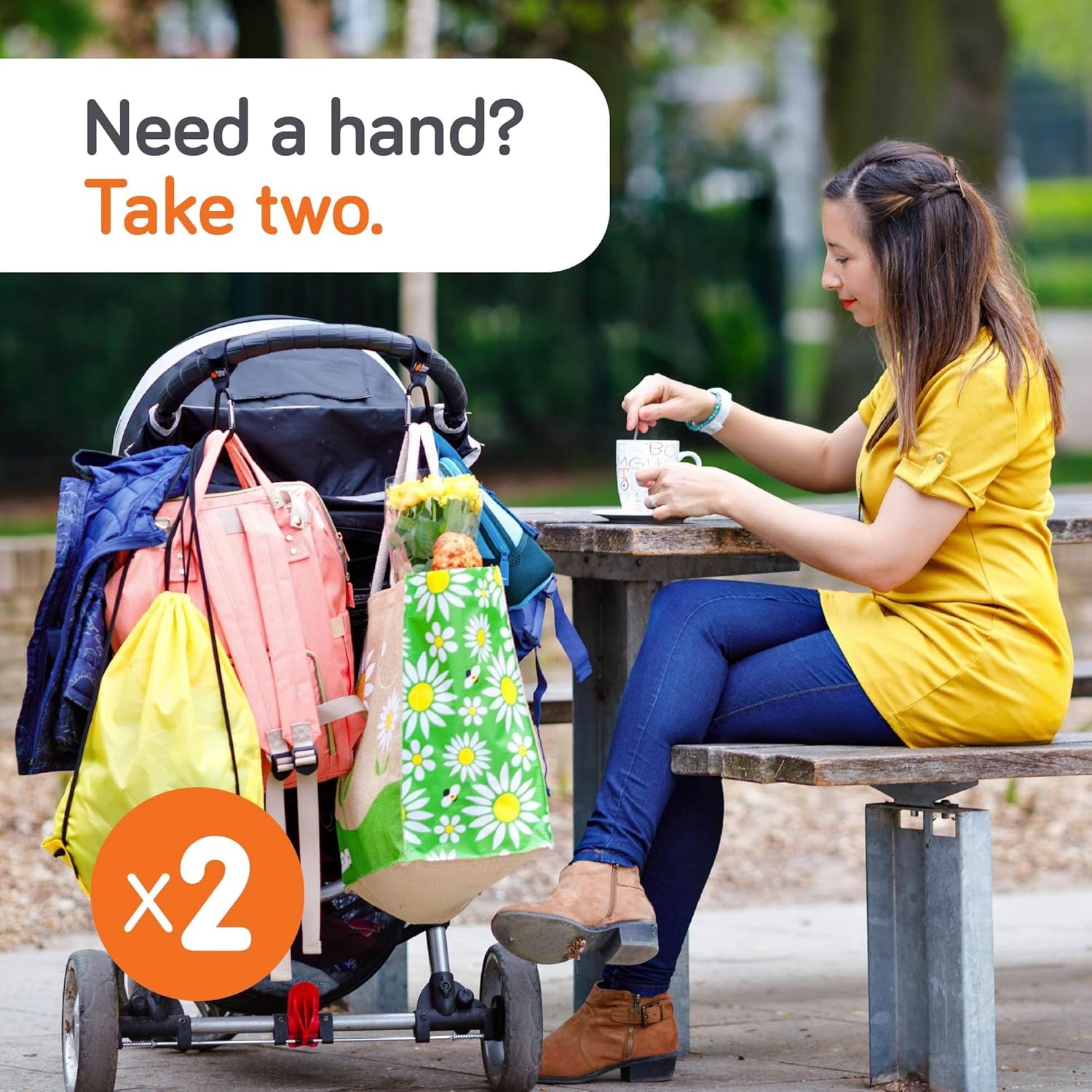 Stroller Hooks for Bags (2 Pack) - Universal Stroller Clips and Hooks, Non-Slip with One-Hand Opening, 11 Lb Weight Capacity, Baby Travel Essential