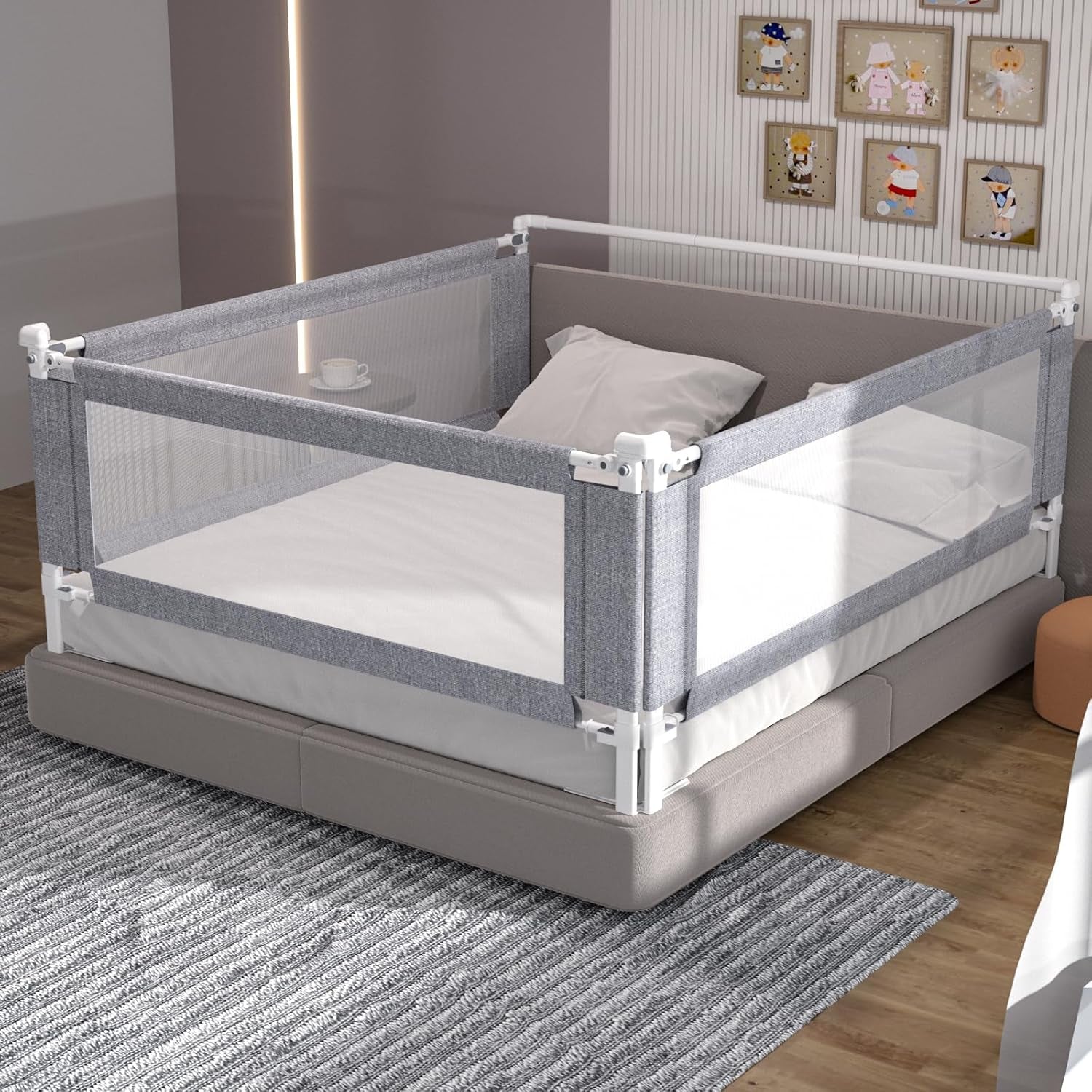 3-Piece King Size Bed Rail for Toddlers - Adjustable Baby Bed Rail Guard, Kids Safety Bed Rail for King Size Bed (78.7"X78.7"X74.8"-Grey)