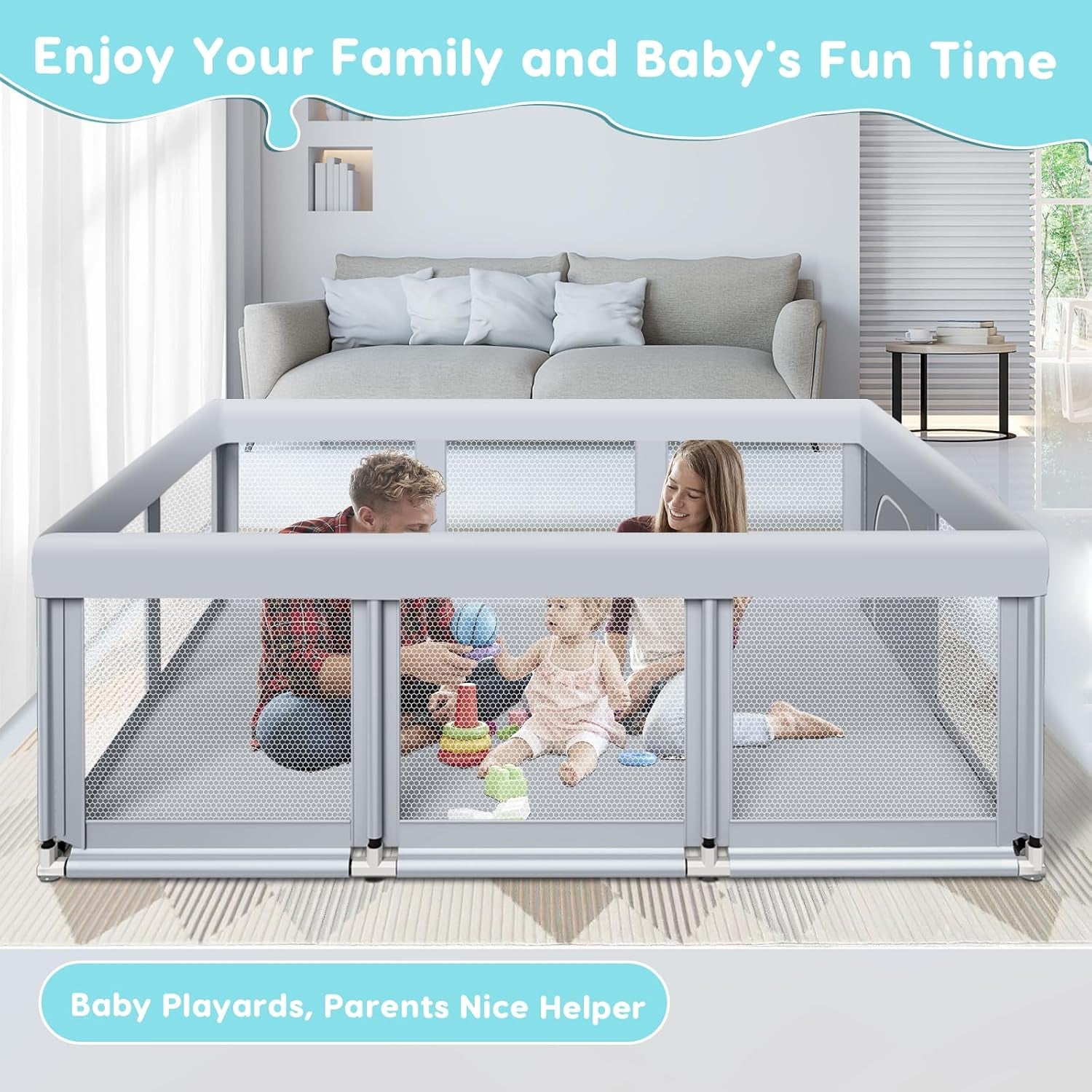 74" ×50" Large Baby Playpen, Baby Playard for Babies and Toddlers, Baby Fence Play Pens for Indoor & Outdoor, Sturdy Safety Play Yard with Soft Breathable Mesh, Anti-Fall, Grey