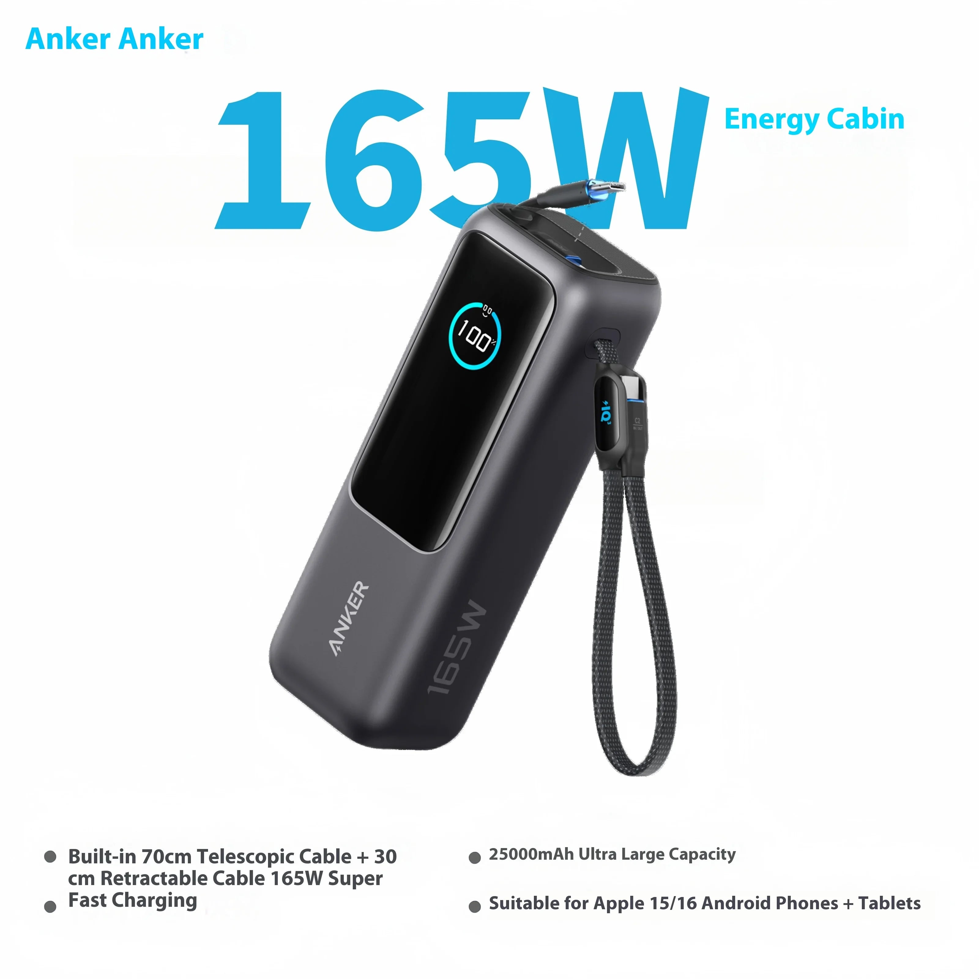 Anker Zolo 25,000mAh Power Bank with 165W Max Fast Charge and Retractable Cables for Mobile Devices and Laptops