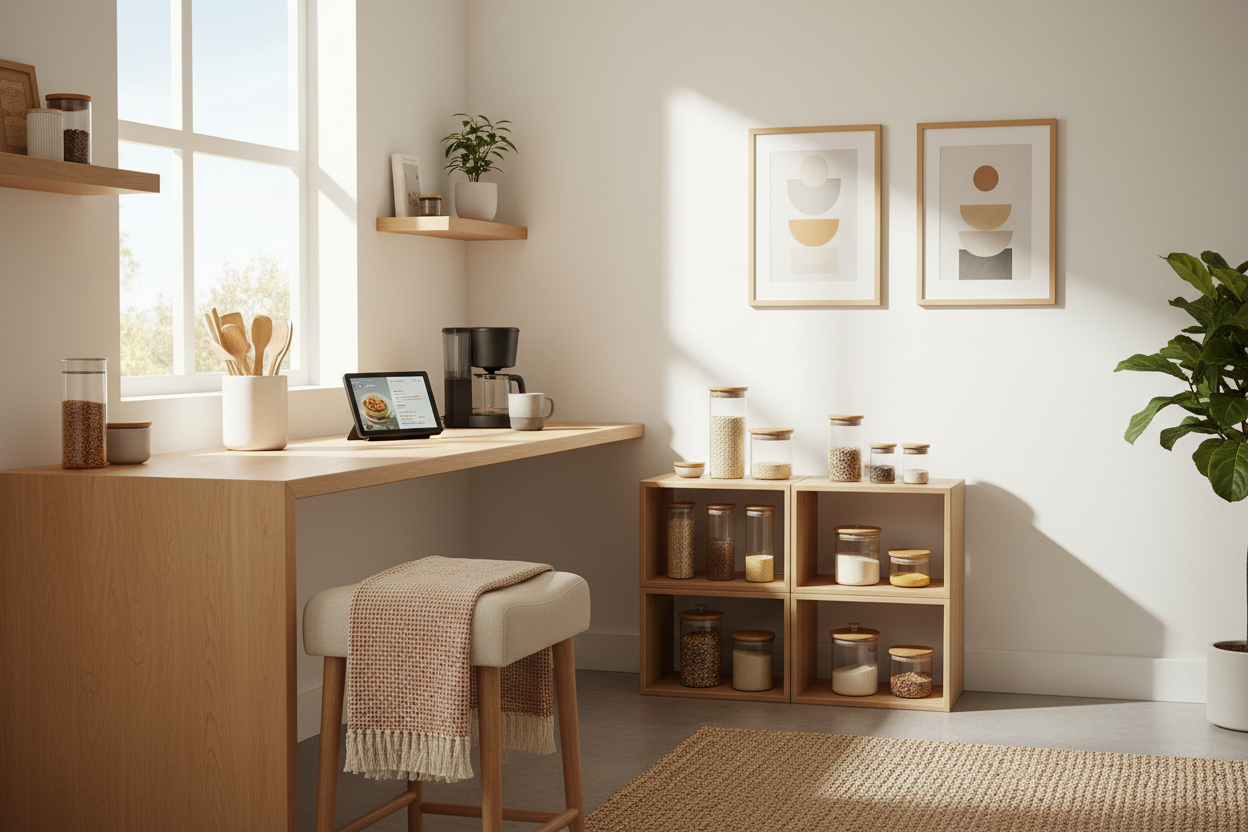 A cozy modern home interior featuring smart kitchen gadgets, storage organizers, and comfort home essentials placed on a clean kitchen counter. Natural daylight, warm tones, minimal Scandinavian decor, realistic lifestyle setting, ultra high resolution, ecommerce product photography style.