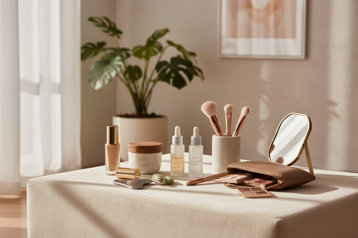 A premium lifestyle product photo of modern beauty essentials including makeup, skincare bottles, serum droppers, and cosmetic tools arranged on a soft neutral vanity table. Warm natural lighting from a window, minimal luxury interior background, realistic textures, shallow depth of field, high detail, ecommerce style photography.
