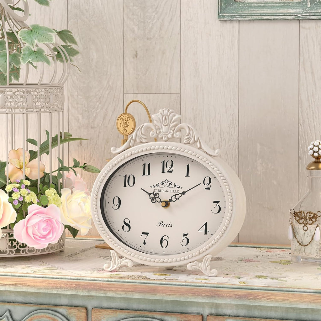 Vintage French-Style Table Clock – Antique White