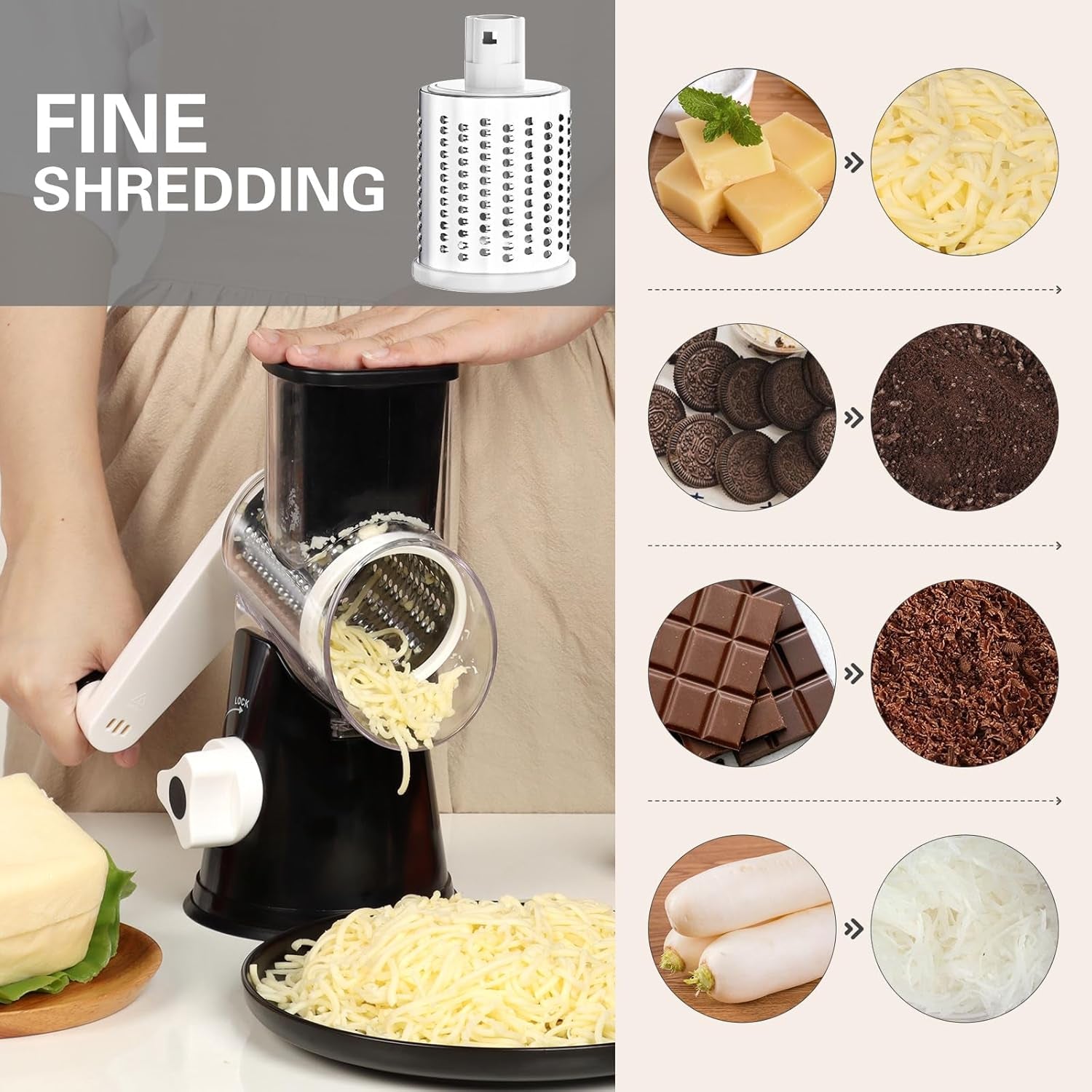Rotary Hand Crank Cheese Grater with 3 Blades