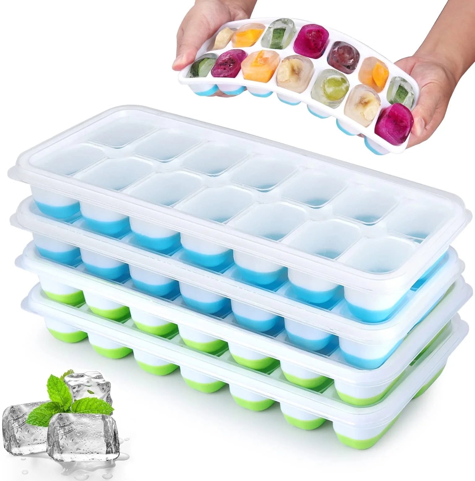 Silicone Ice Cube Tray, 4 Pack Easy-Release & Flexible 14-Ice Cube Trays with Spill-Resistant Removable Lid, Stackable Ice Trays with Covers for Freezer, Cocktail