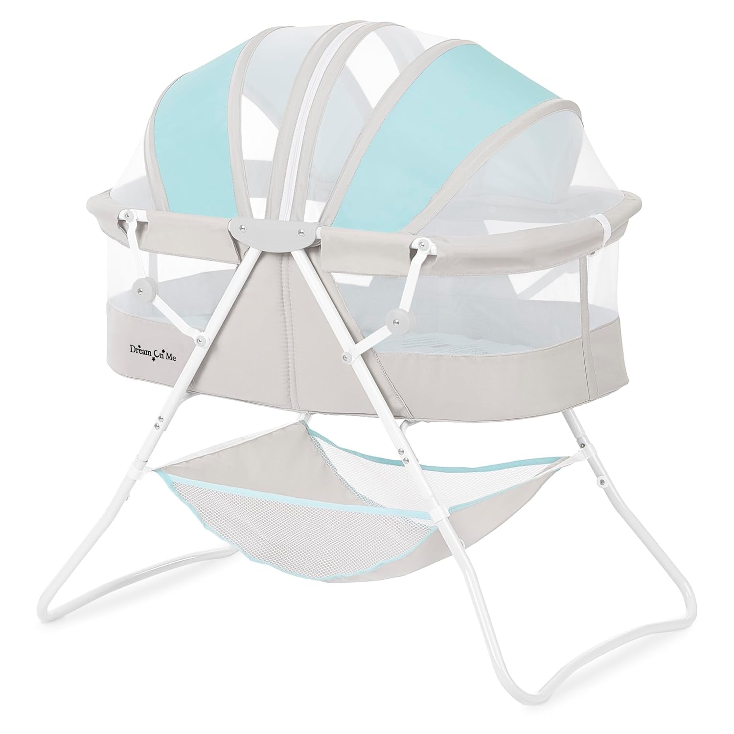 Karley Bassinet, Award Winner Lightweight Travel Baby Bassinet, Foldable Bedside Sleeper, Adjustable Double Canopy, Spacious Design, Soft Fabric, Storage Basket – Blue and Grey
