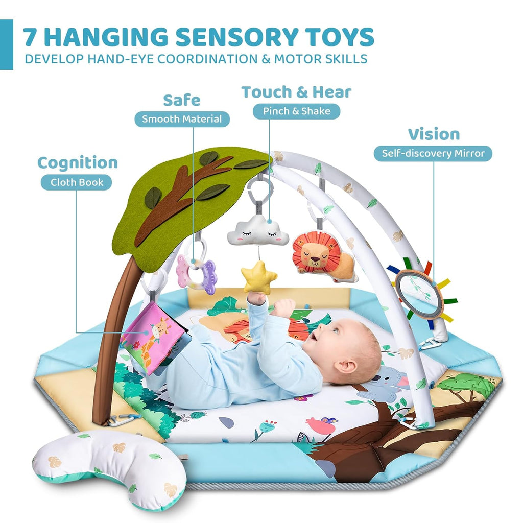 Baby Gym Play Mat, 8-In-1 Tummy Time Mat & Ball Pit with 6 Toys, Washable Baby Activity Play Mat for Visual, Hearing, Sensory, Motor Development, Baby Toys Gift for Toddler Infant 0-3-6-9-12 Month