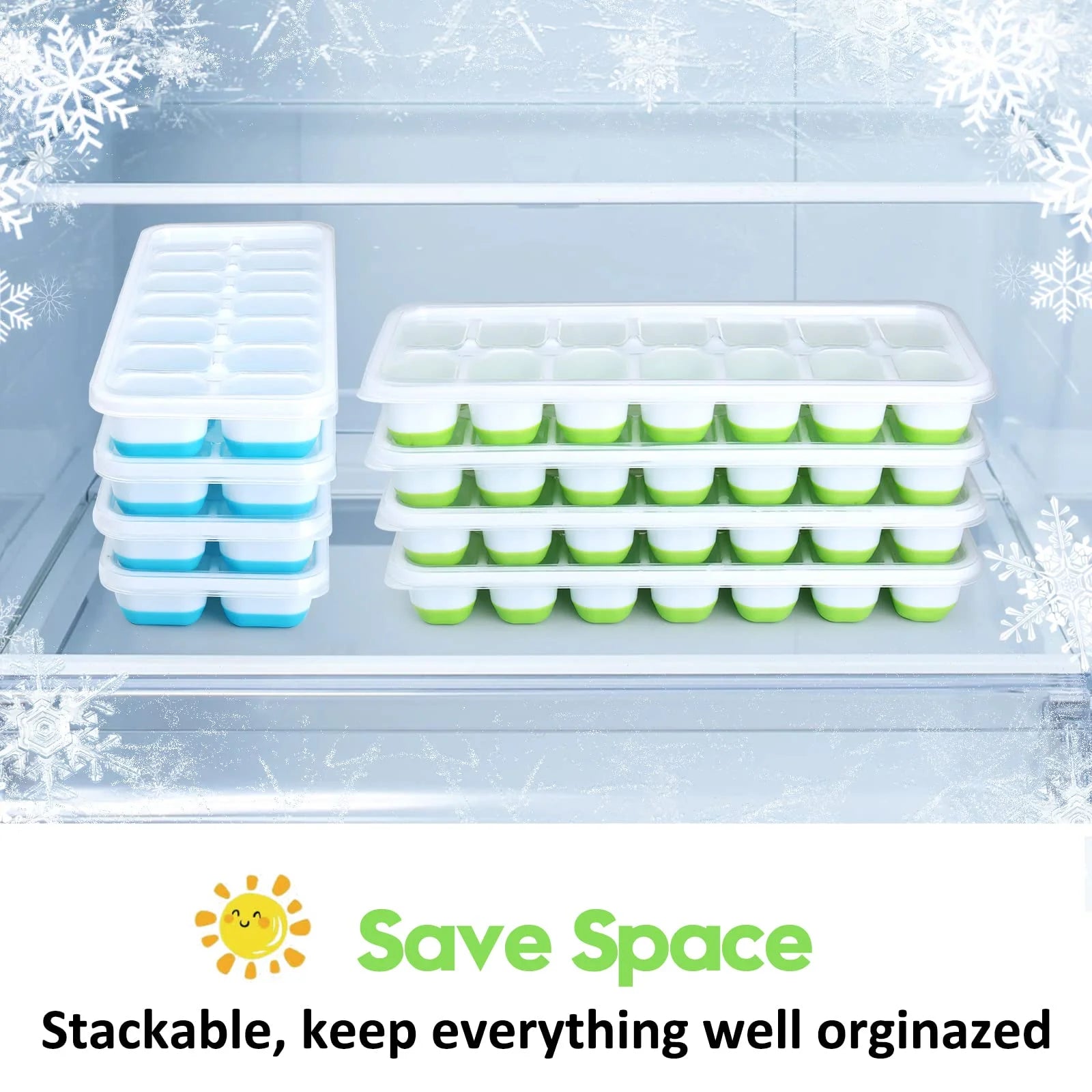 Silicone Ice Cube Tray, 4 Pack Easy-Release & Flexible 14-Ice Cube Trays with Spill-Resistant Removable Lid, Stackable Ice Trays with Covers for Freezer, Cocktail