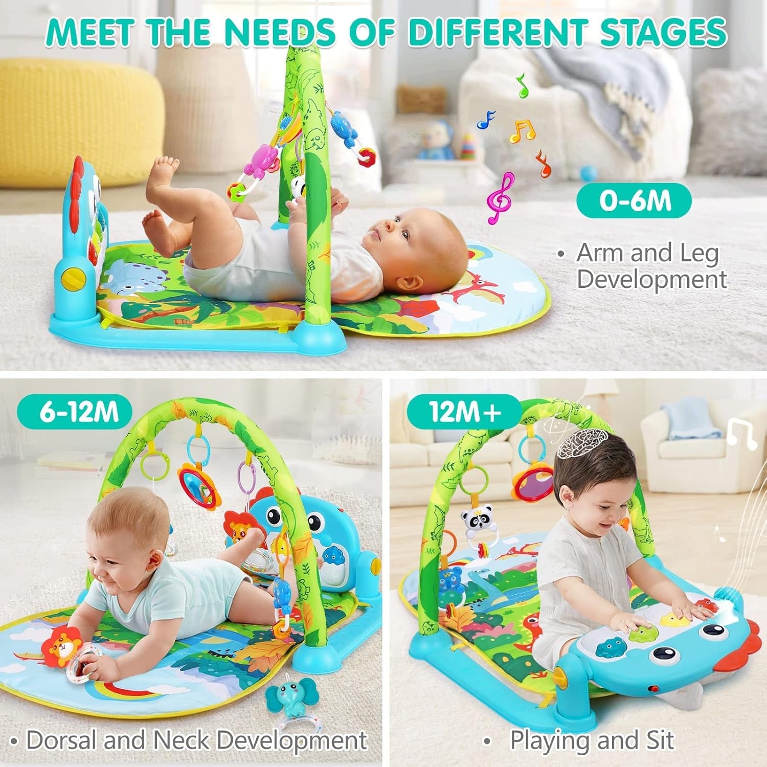 Baby Gym Play Mats Baby Tummy Time Mat Musical Activity Center for Newborn Infant Piano Babies Play Mat Music & Light Newborn Infant Gifts for Babies 0-3 6 9 12 Months Dinosaur Style
