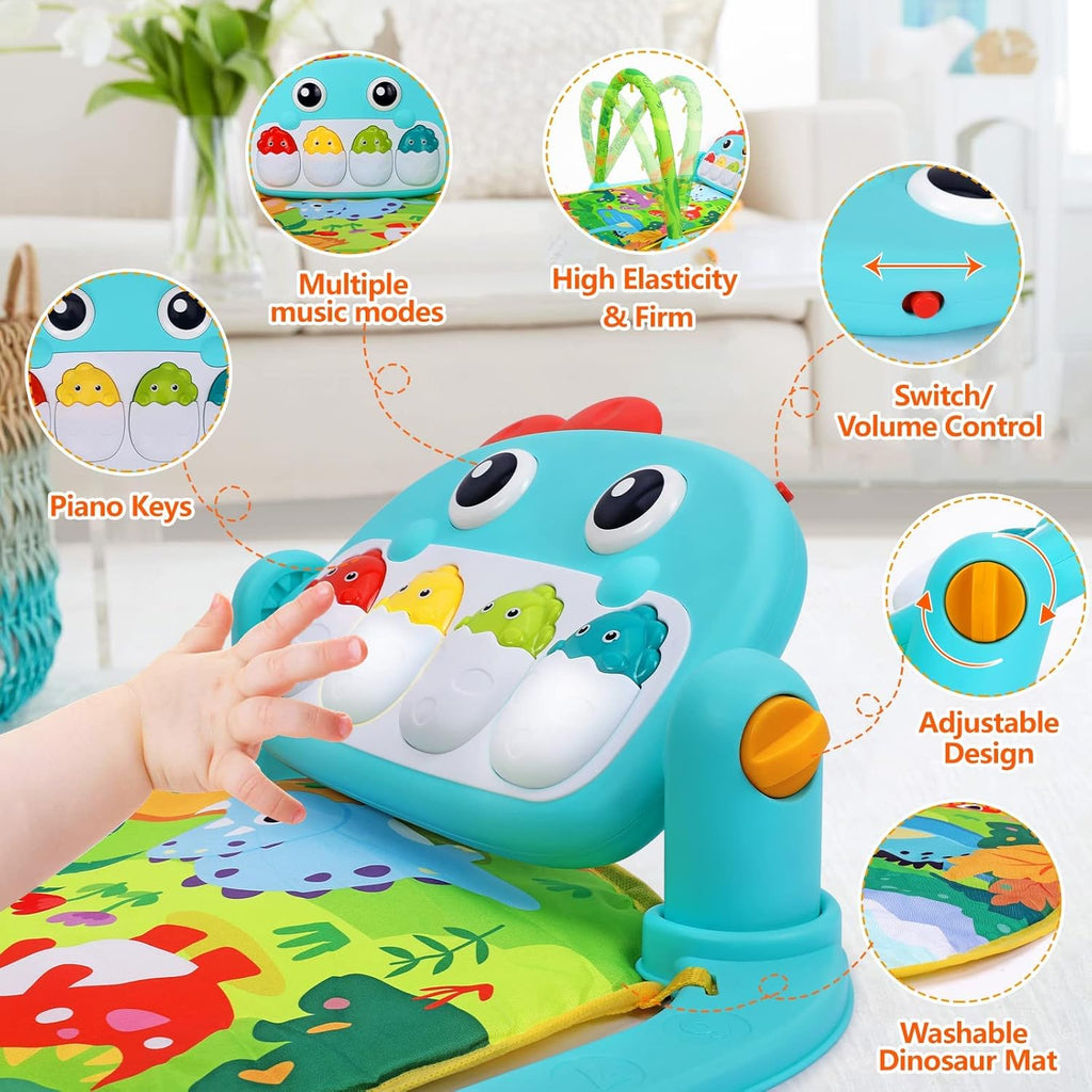 Baby Gym Play Mats Baby Tummy Time Mat Musical Activity Center for Newborn Infant Piano Babies Play Mat Music & Light Newborn Infant Gifts for Babies 0-3 6 9 12 Months Dinosaur Style
