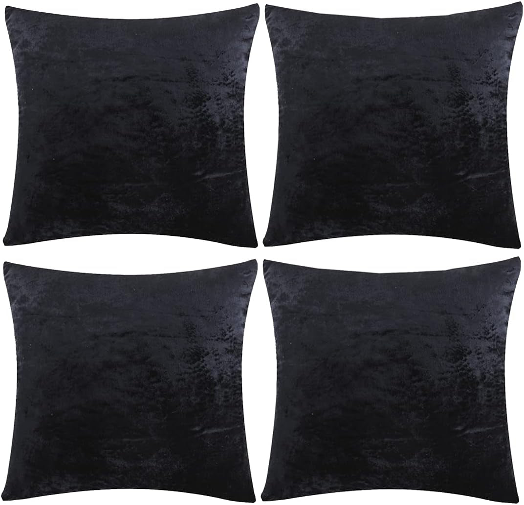 Decorative Throw Pillow Covers 16 X 16, Black Soft Pillow Covers Velvet,Set of 4 Decor Square Cushion Covers