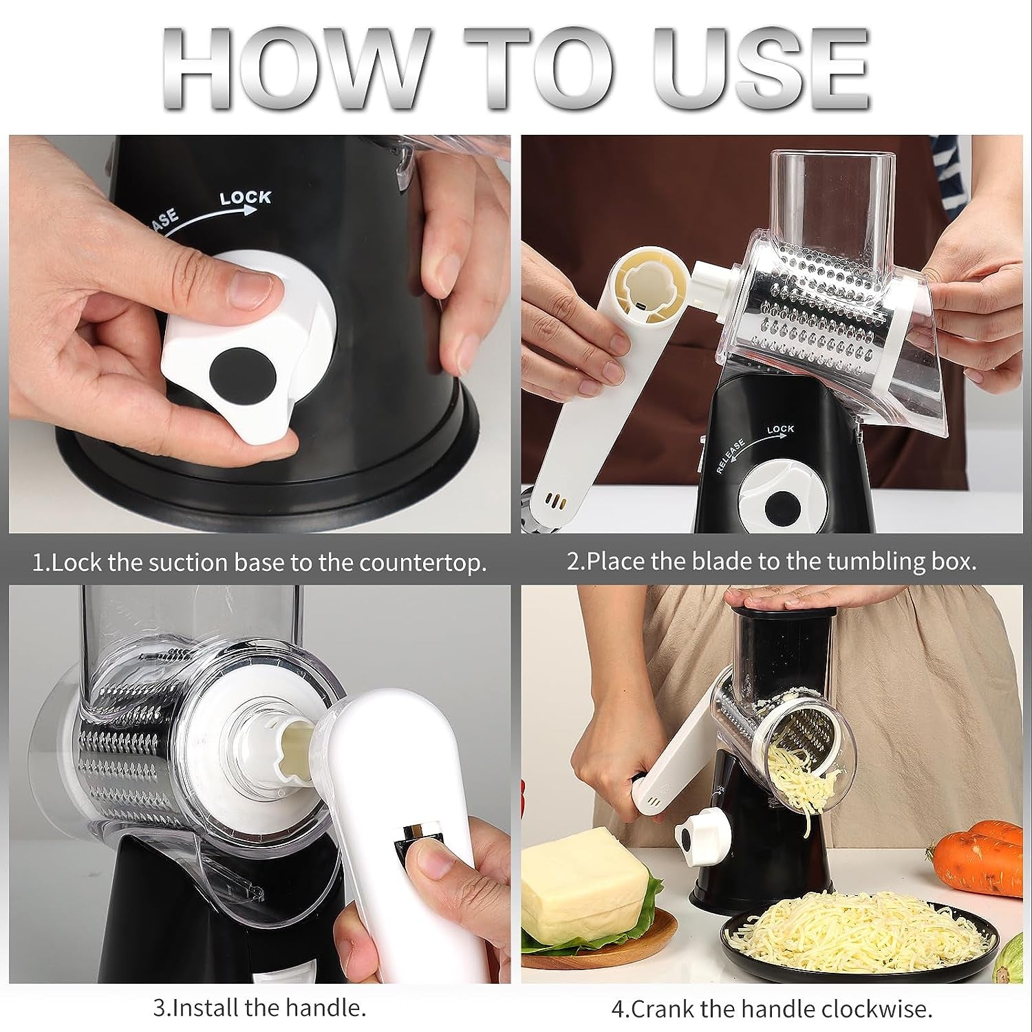 Rotary Hand Crank Cheese Grater with 3 Blades
