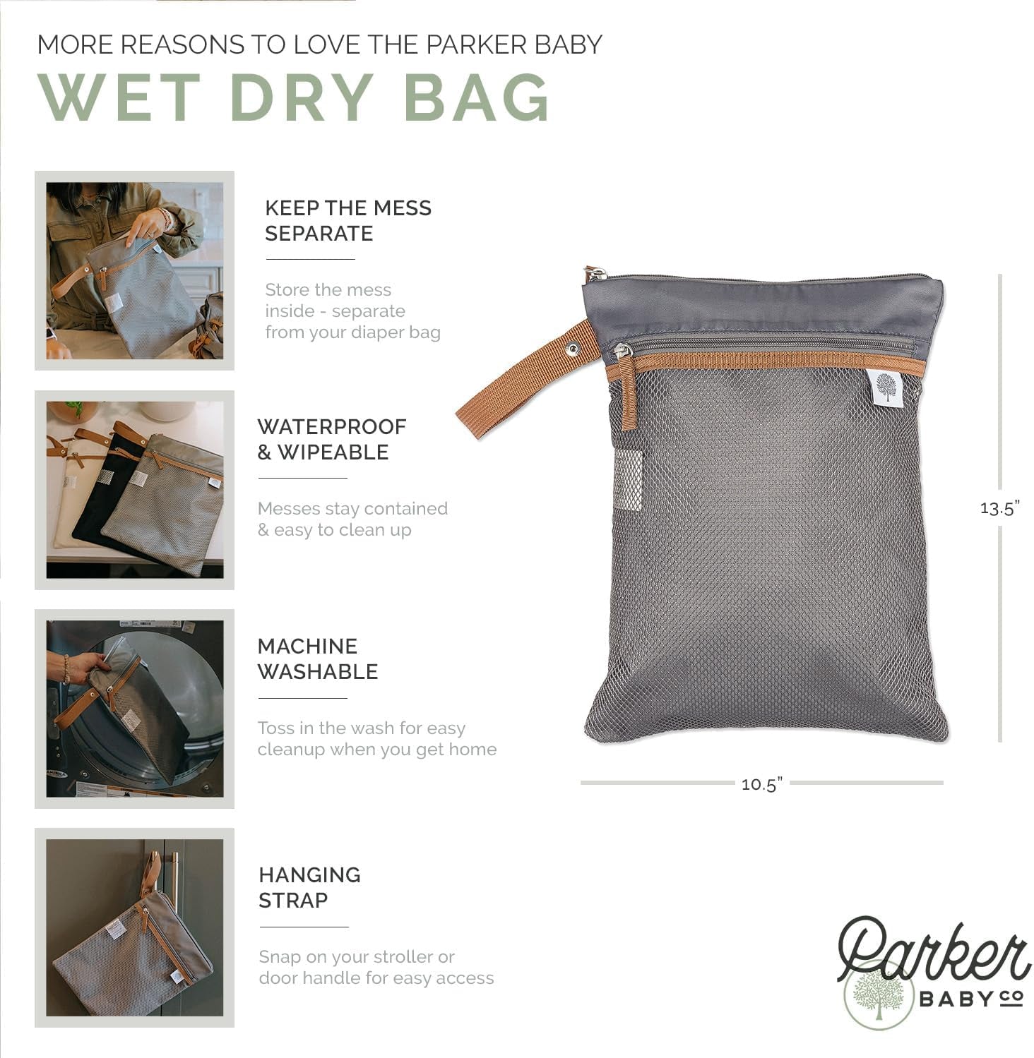 Parker Baby Cloth Diaper Wet Dry Bag - Waterproof Reusable Bag with Mesh Organizer and Zippered Pocket | Stylish, Machine-Washable, Convenient Handle for Diapers, Wet Clothes, Swimsuits - Gray