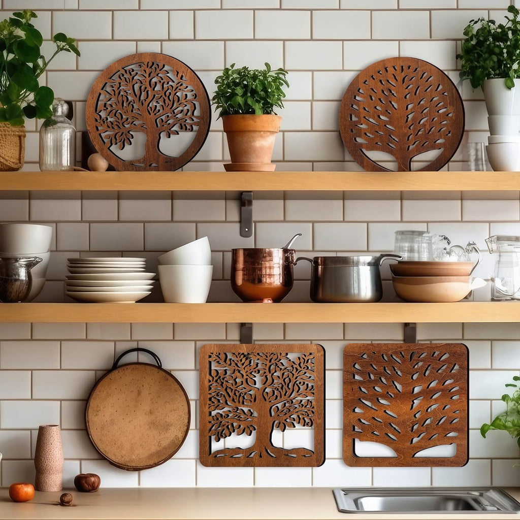 5 Pcs Tree Wooden Trivets Set for Hot Dishes Heat Resistant Pads Square Round