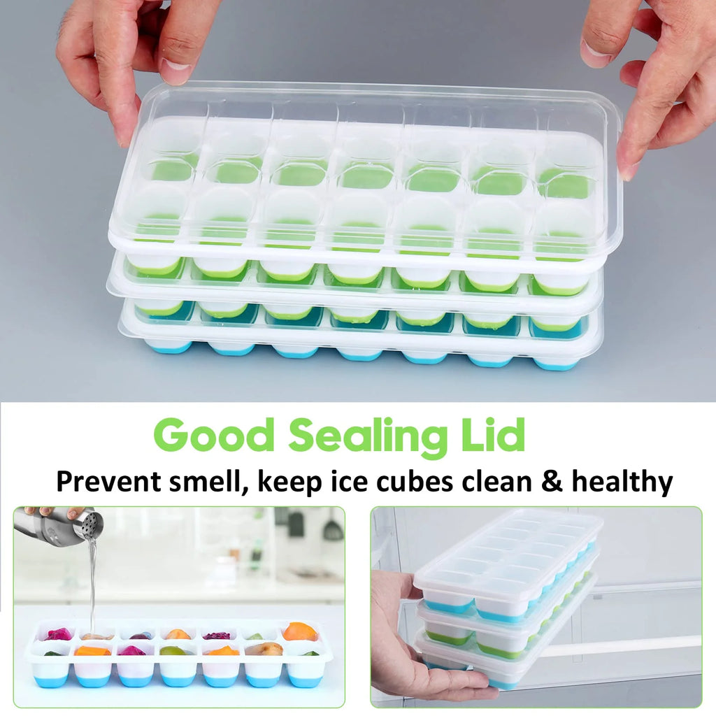 Silicone Ice Cube Tray, 4 Pack Easy-Release & Flexible 14-Ice Cube Trays with Spill-Resistant Removable Lid, Stackable Ice Trays with Covers for Freezer, Cocktail