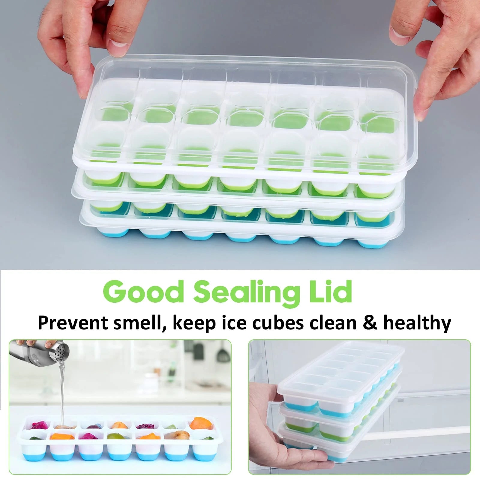 Silicone Ice Cube Tray, 4 Pack Easy-Release & Flexible 14-Ice Cube Trays with Spill-Resistant Removable Lid, Stackable Ice Trays with Covers for Freezer, Cocktail