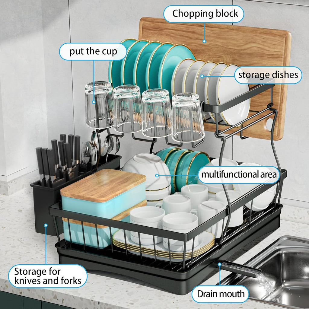 2-Tier Large Dish Drying Rack with Utensil Holder
