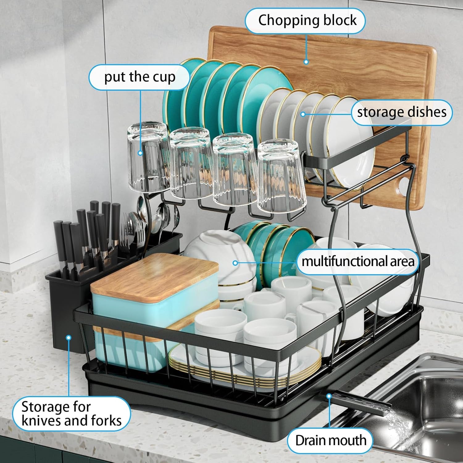 2-Tier Large Dish Drying Rack with Utensil Holder