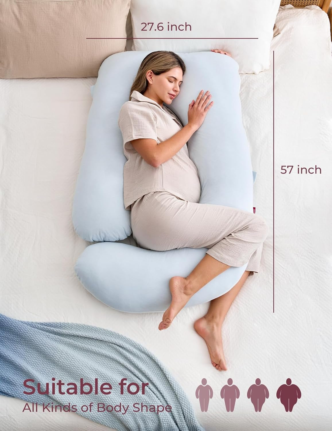 Pregnancy Pillows for Sleeping, U Shaped Full Body Pillow 57 Inch for Pregnant Women with Back, Hip, Leg, Belly Support, Washable Jersey Cotton Cover Included, Light Blue