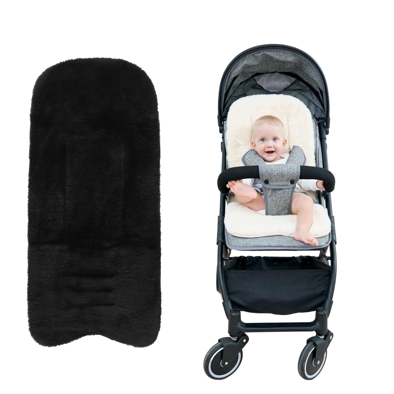 Stroller Seat Liner Faux Fur Car Seat Cushion - Universal 5-Point Harness Pad with Safety Slots Fit 29.5" X 14.2" Winter Warm Plush Pad for Strollers