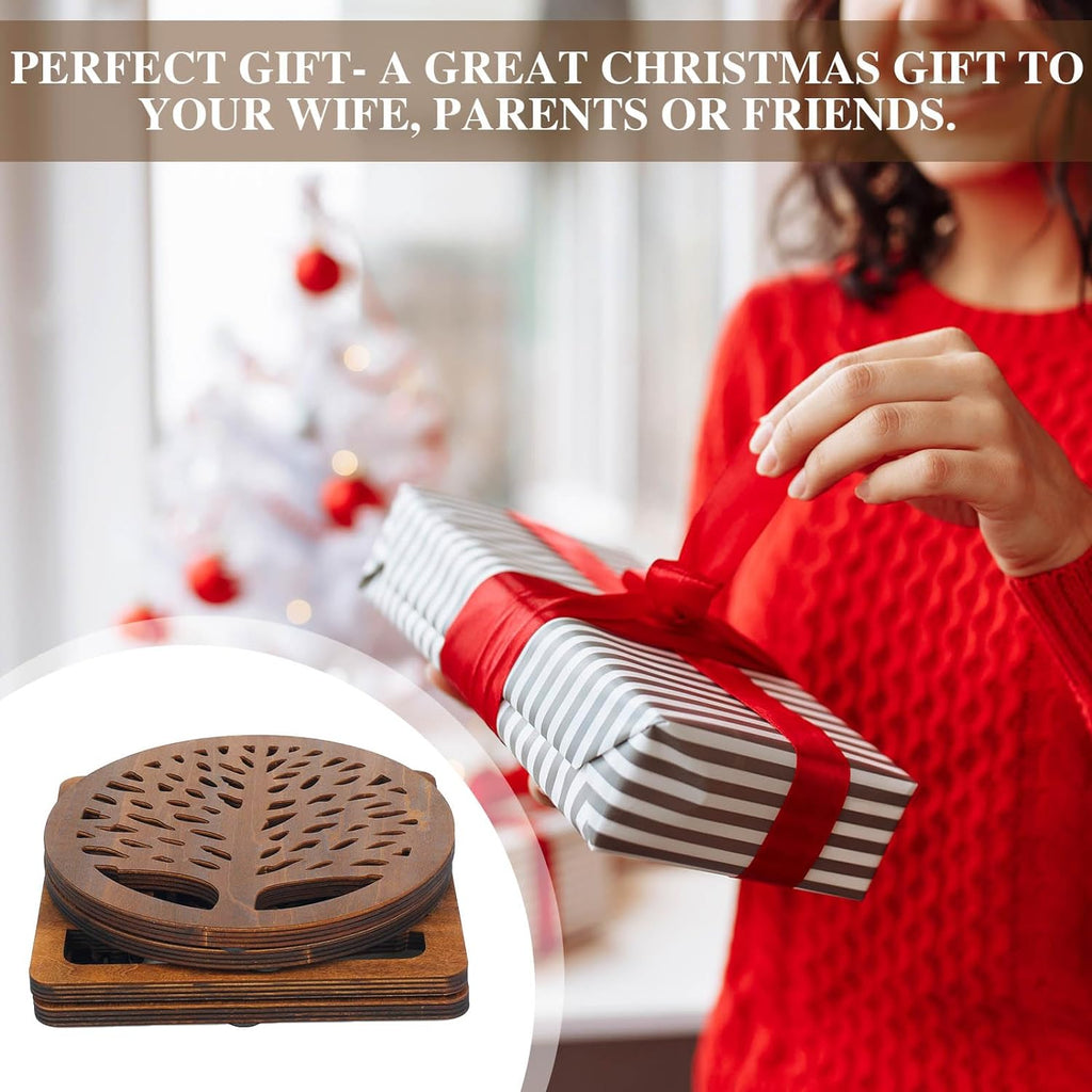 5 Pcs Tree Wooden Trivets Set for Hot Dishes Heat Resistant Pads Square Round