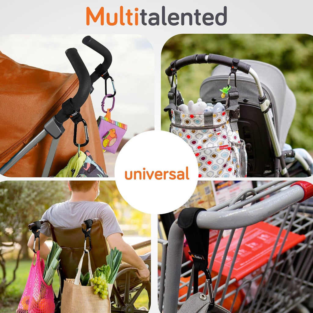 Stroller Hooks for Bags (2 Pack) - Universal Stroller Clips and Hooks, Non-Slip with One-Hand Opening, 11 Lb Weight Capacity, Baby Travel Essential