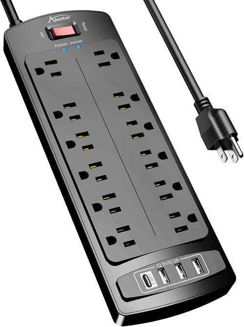 12-Outlet Surge Protector – 4 USB Ports, 6Ft