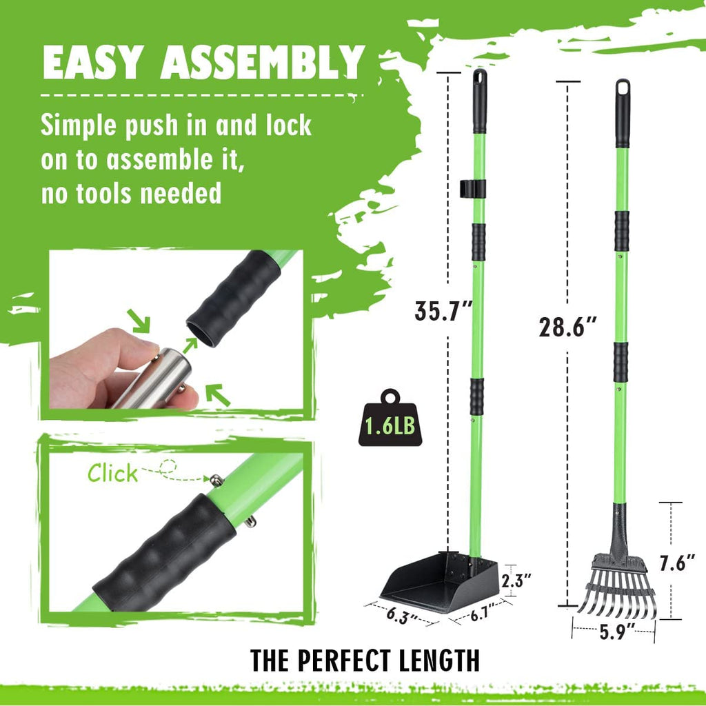 Pooper Scooper, Dog Pooper Scooper Long Handle Stainless Metal Tray and Rake Set for Medium Small Dogs Heavy Duty - Use on Grass, Dirt or Gravel - Pet Supplies (Green)
