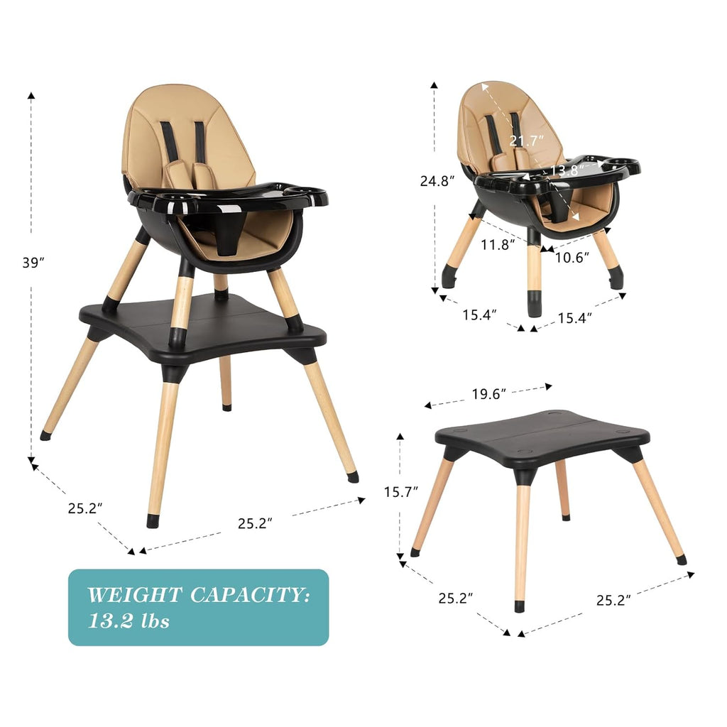 6 in 1 High Chair for Babies & Toddlers, Convertible Wooden Baby Highchair, Table and Chair Set, Baby Feeding Chair, 5-Point Adjustable Harness/4-Position Removable Tray& PU Seat Cushion (Black)