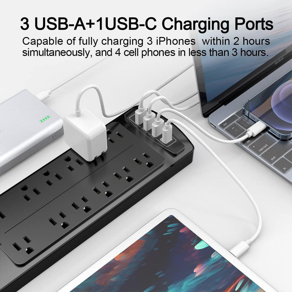 12-Outlet Surge Protector – 4 USB Ports, 6Ft