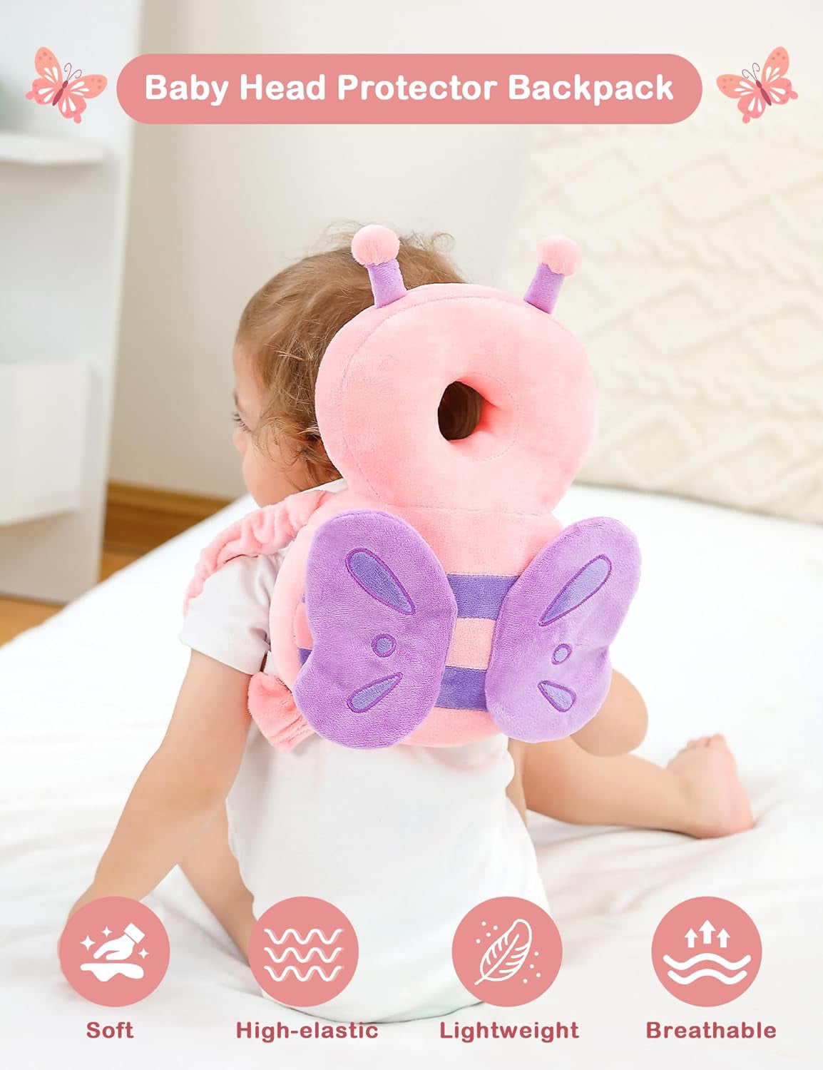 Baby Head Protector Backpack, Toddler Walking Fall Head Protection, Pink Butterfly