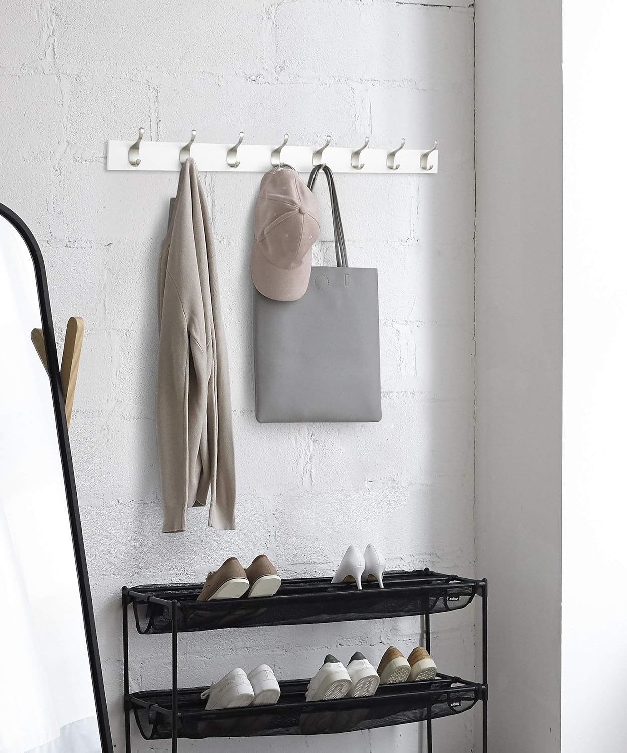 8-Hook Wall-Mounted Coat Rack – White