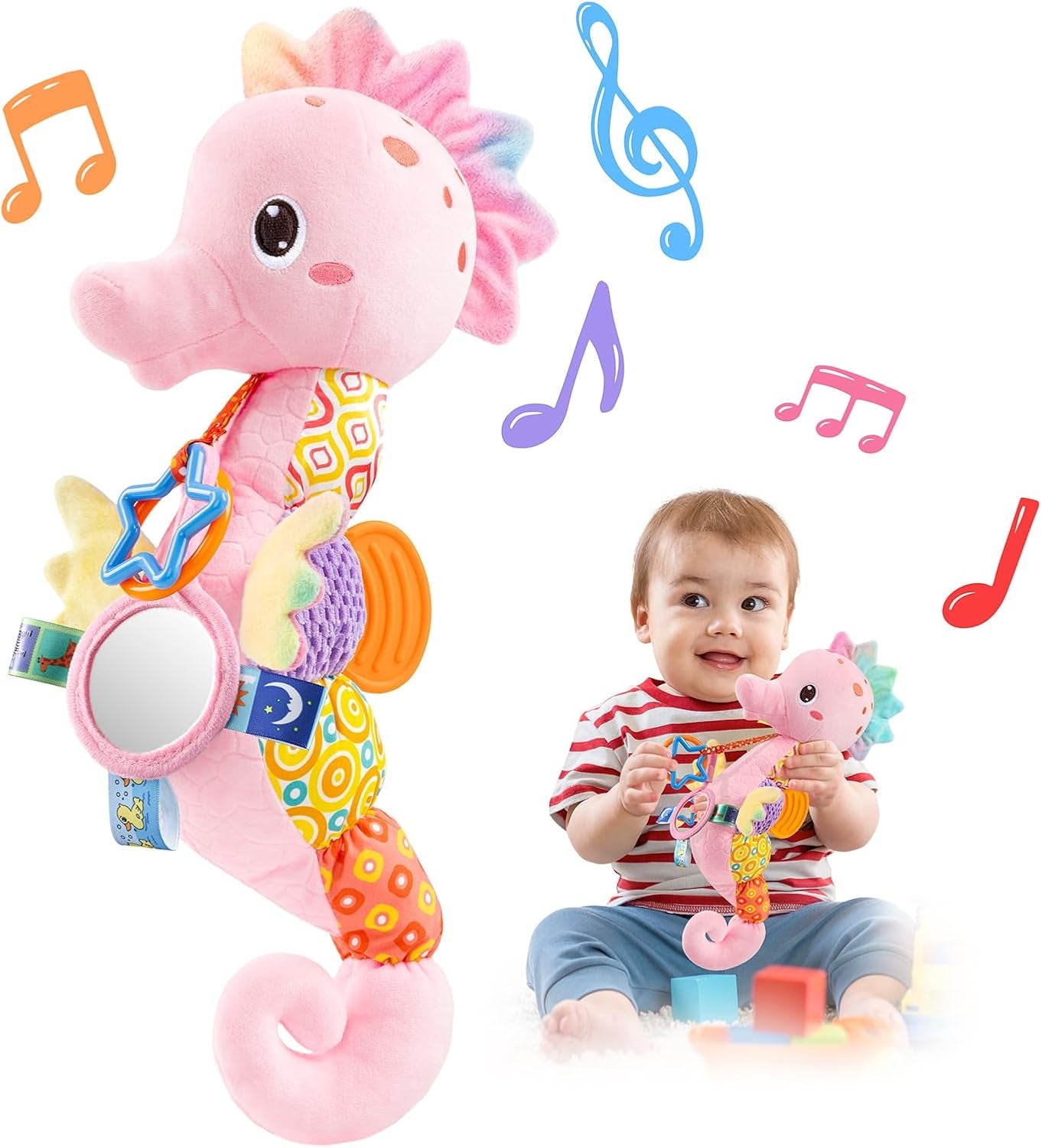 Baby Toys Musical Seahorse Stuffed Animals Infant Toys 0-6-12 Months with Mirror|Rattles|Crinkle|Baby Teething Toys,Sensory Toys for Tummy Time Newborn Boys Girls Birthday Gifts(Rose Pink)