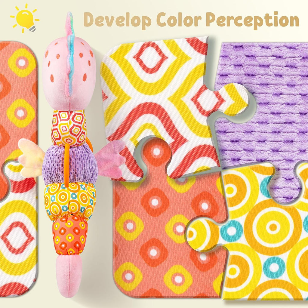 Baby Toys Musical Seahorse Stuffed Animals Infant Toys 0-6-12 Months with Mirror|Rattles|Crinkle|Baby Teething Toys,Sensory Toys for Tummy Time Newborn Boys Girls Birthday Gifts(Rose Pink)