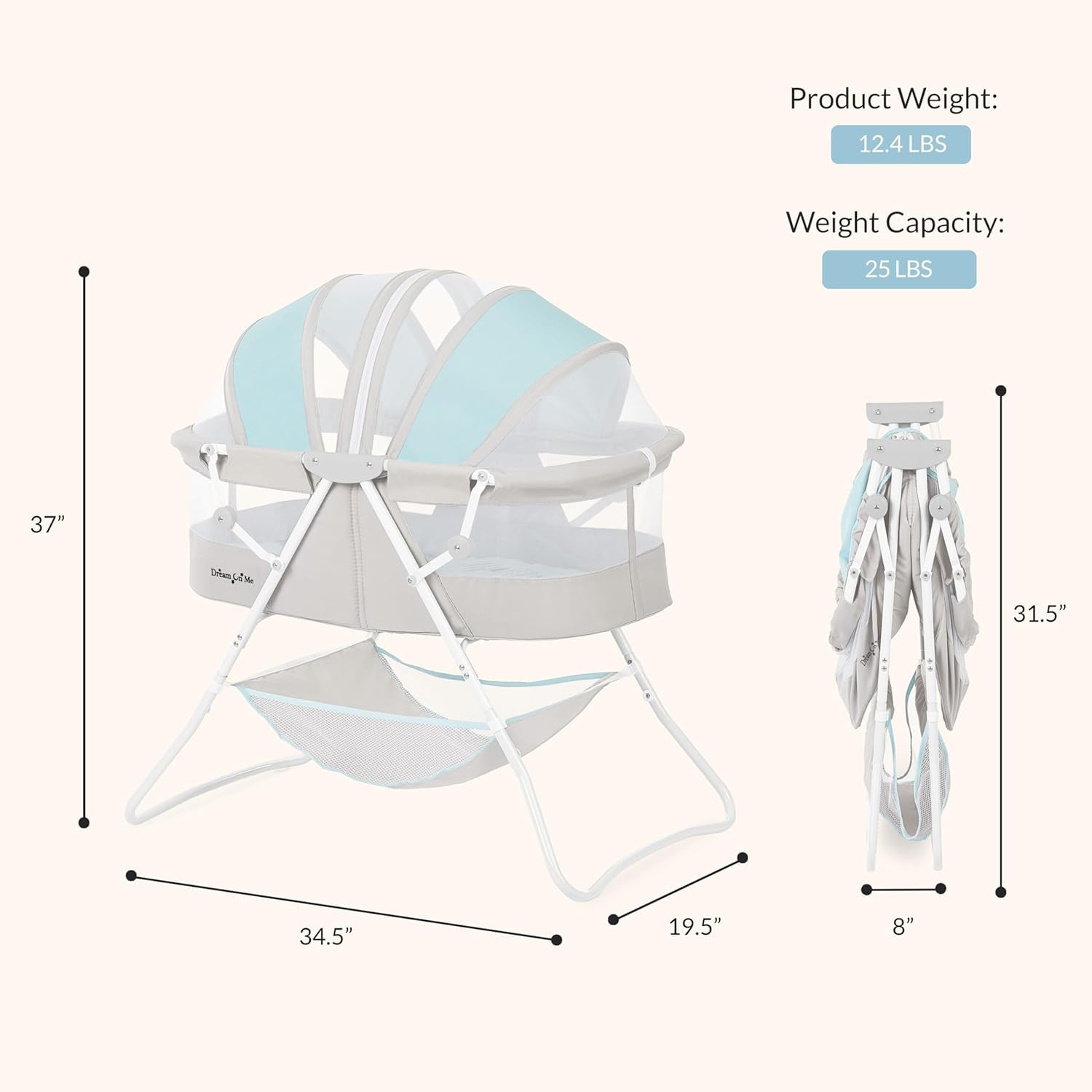 Karley Bassinet, Award Winner Lightweight Travel Baby Bassinet, Foldable Bedside Sleeper, Adjustable Double Canopy, Spacious Design, Soft Fabric, Storage Basket – Blue and Grey