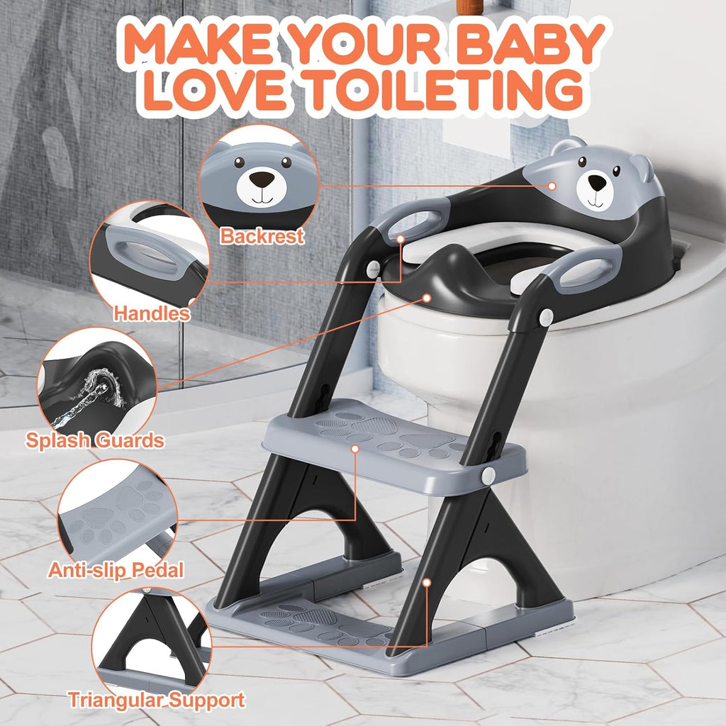 Potty Training Seat ， Potty Training Toilet with Step Stool Ladder, for Kids Boys Girls Toddlers - Comfortable Safe Potty Seat with Anti-Slip Pads Ladder (8898 Black)