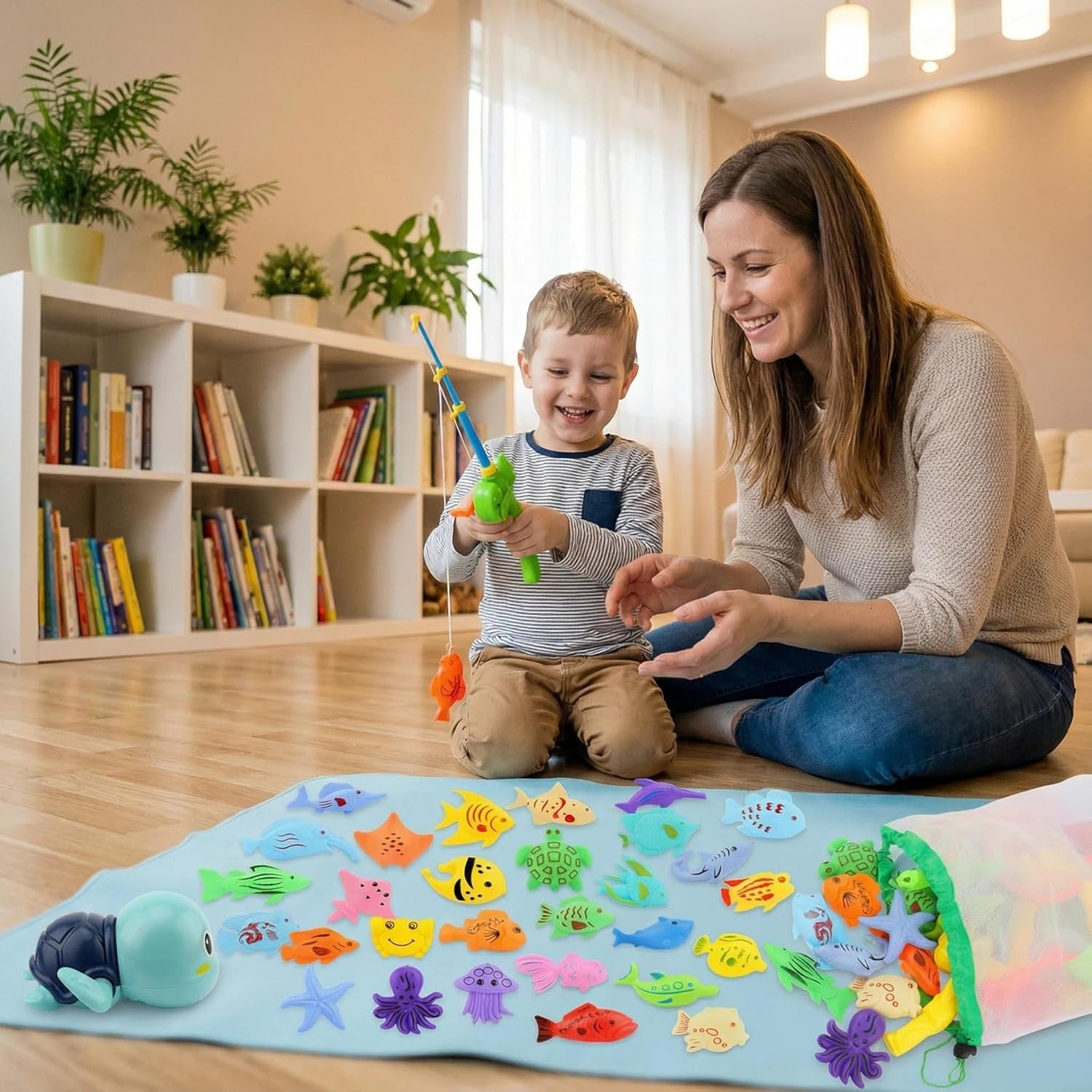 Magnetic Fishing Pool Toys Game, Water Table Bathtub Bath Toy - Pole Rod Floating Fish, Birthday Party Gifts for Toddler Age 3 4 5 6 Year Old, Kids Outdoor Toys