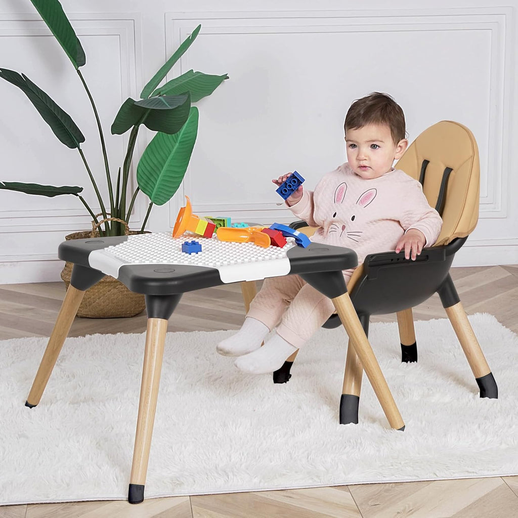 6 in 1 High Chair for Babies & Toddlers, Convertible Wooden Baby Highchair, Table and Chair Set, Baby Feeding Chair, 5-Point Adjustable Harness/4-Position Removable Tray& PU Seat Cushion (Black)