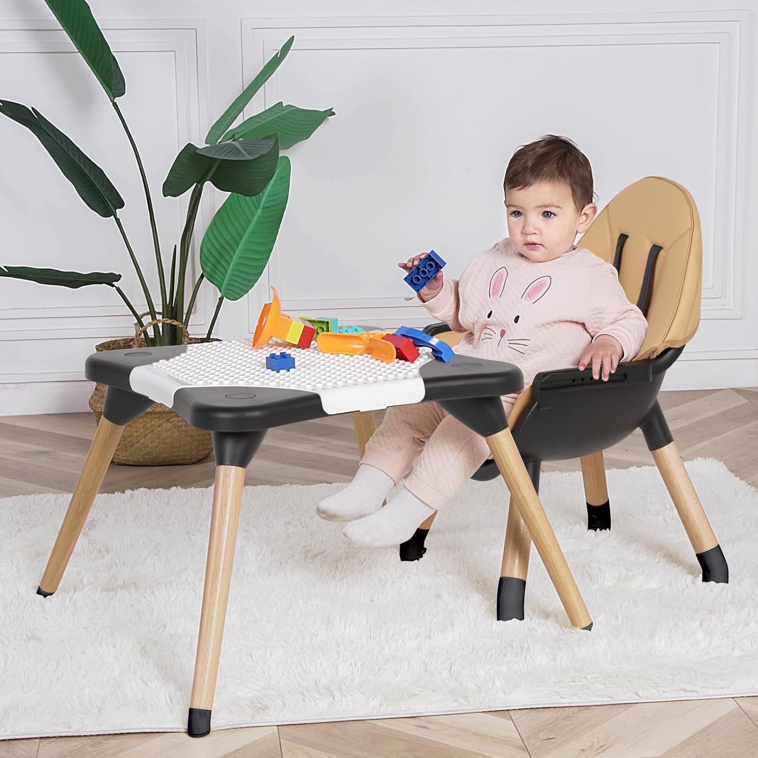 6 in 1 High Chair for Babies & Toddlers, Convertible Wooden Baby Highchair, Table and Chair Set, Baby Feeding Chair, 5-Point Adjustable Harness/4-Position Removable Tray& PU Seat Cushion (Black)