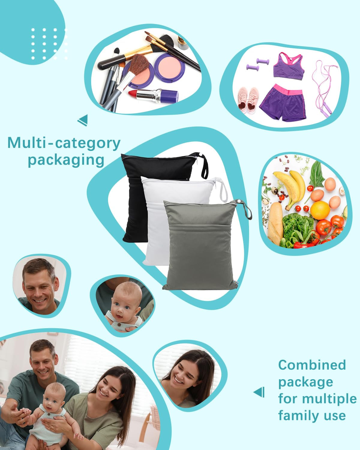 Wet Dry Bags 3 Pack, Waterproof Reusable Travel Bags for Swimsuits, Baby Cloth Diapers, Beach, Pool, Gym Bag & Wet Clothes with 2 Pockets L-BWG