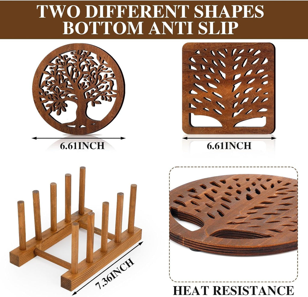 5 Pcs Tree Wooden Trivets Set for Hot Dishes Heat Resistant Pads Square Round
